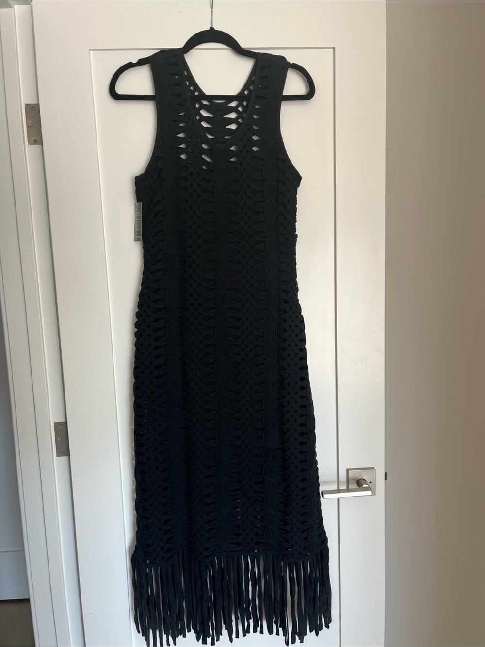Boston Proper Black Crochet Fringe Maxi Dress